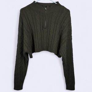 Garage Cottagecore Olive Green Cable Knit Cropped Half-Zip Sweater